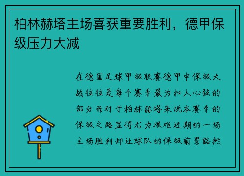 柏林赫塔主场喜获重要胜利，德甲保级压力大减